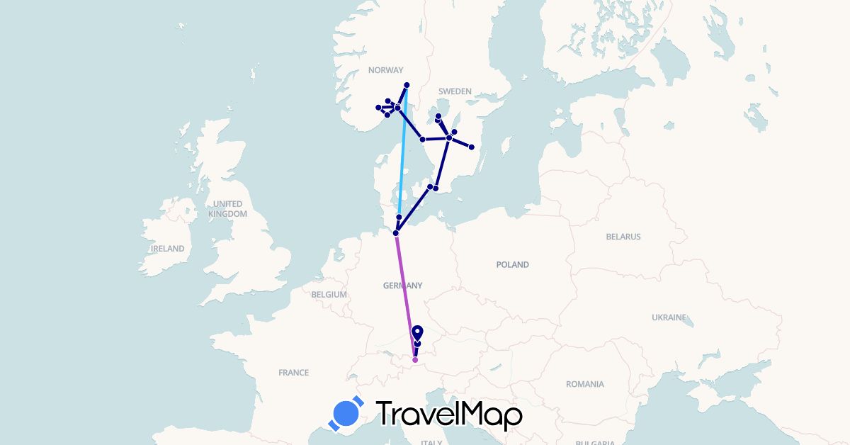 TravelMap itinerary: driving, train, boat in Austria, Germany, Denmark, Norway, Sweden (Europe)