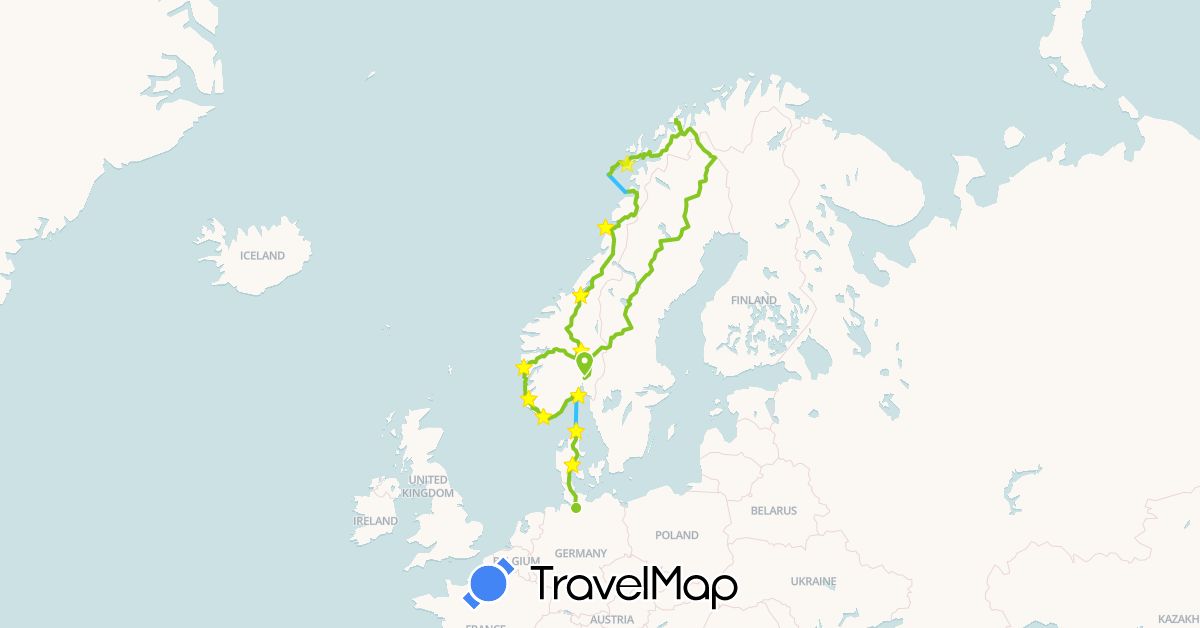 TravelMap itinerary: driving, boat, electric vehicle in Germany, Denmark, Norway (Europe)